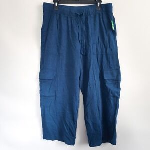 New Gap Pants Large Petite Blue Linen Blend Cargo Pull‎ On Wide Leg Travel Flowy